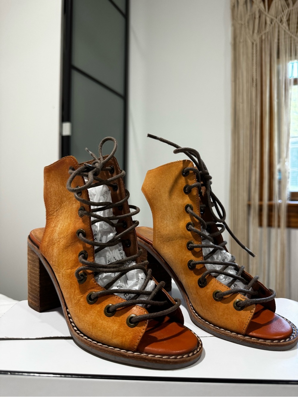 Jeffrey Campbell x Free People Lace-Up Open-Toe Leather Heels in Tan
